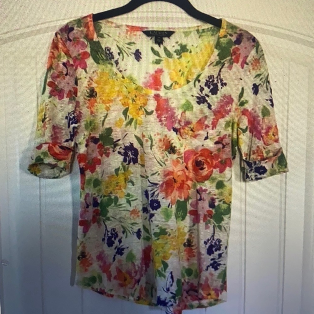 Lauren Ralph Lauren 100% Linen floral Sweater Top Small Petite